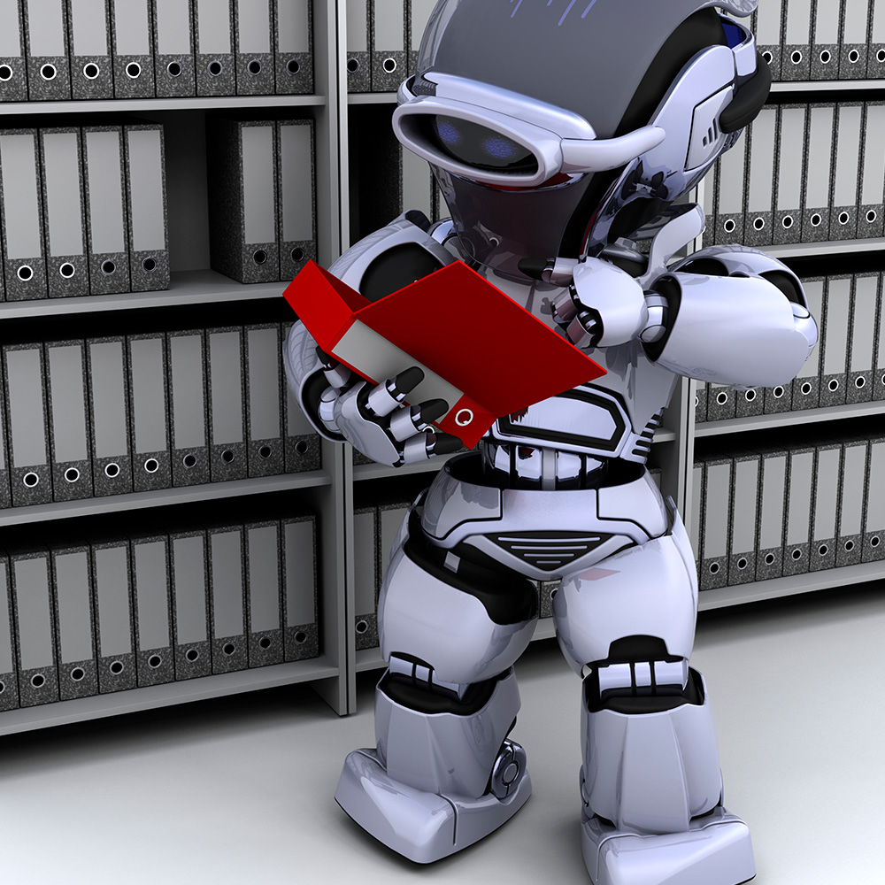 Robot consultando archivadores